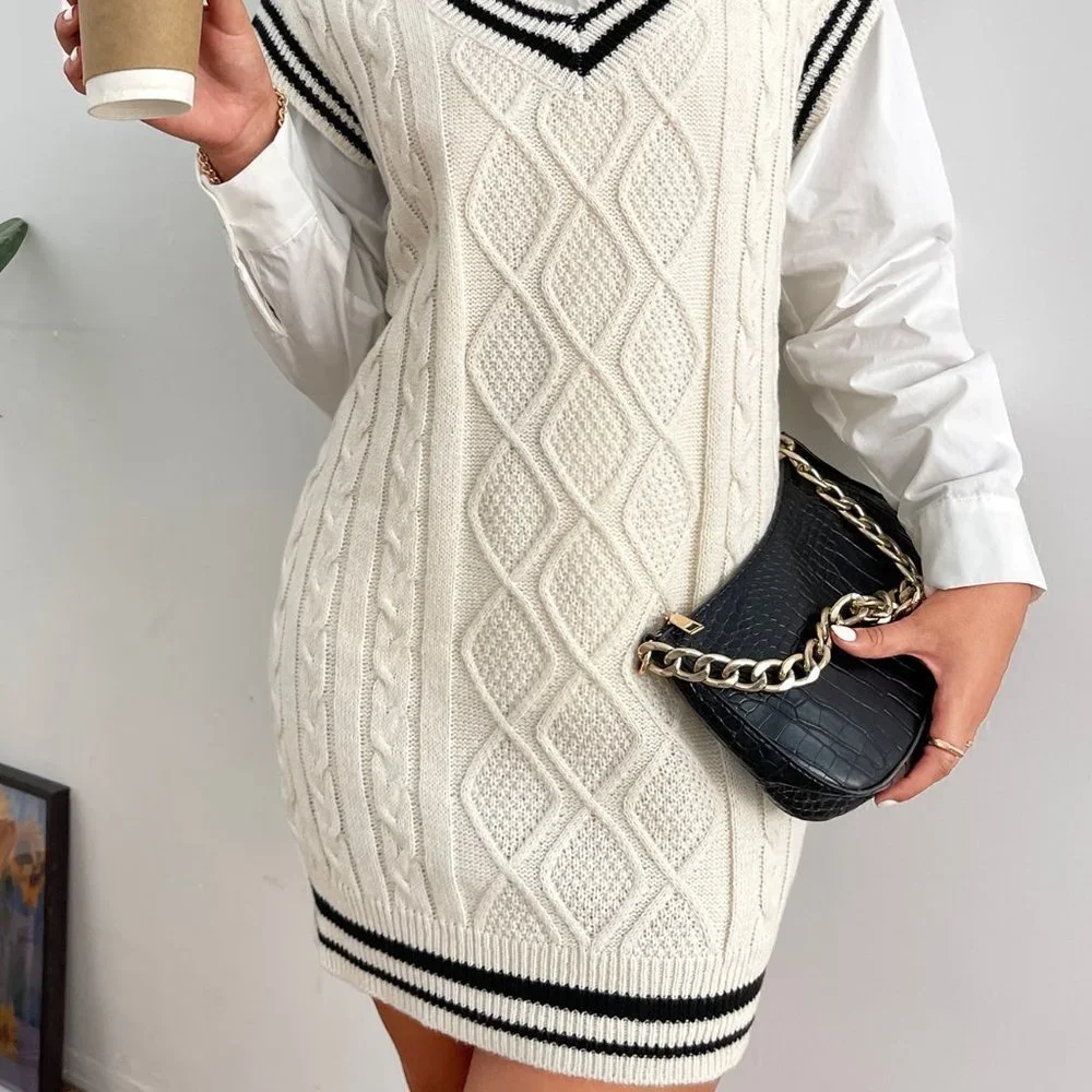 White Preppy Womens Striped Trim Cable Knit Sweater Dress - Picture 5 of 5